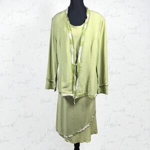 Design Todays 3 Piece Skirt Suit Set Woman XL Sage Green Floral Trim Made in USA
